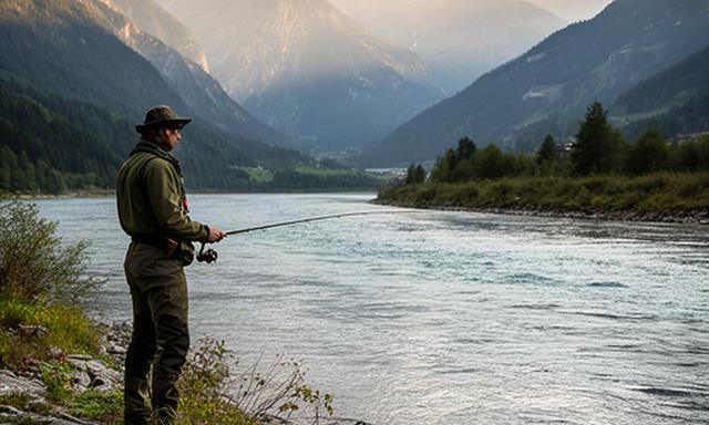 Angler am Rhône-Ufer bei Sierre mit Bergen und ruhigem Flusswasser im Hintergrund